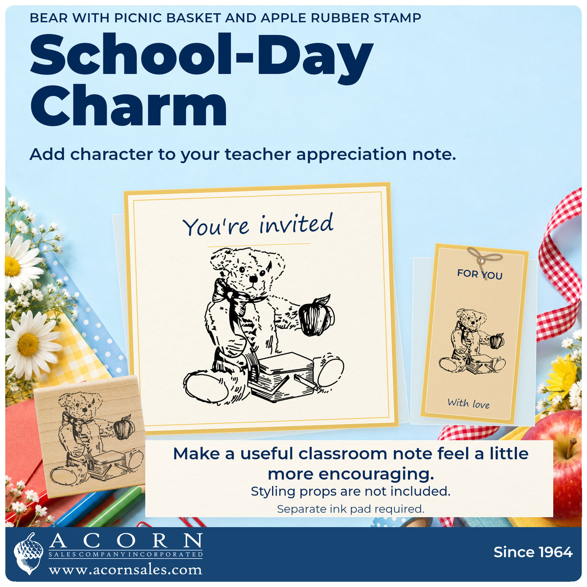 Bear with Picnic Basket and Apple Rubber Stamp project inspiration: teacher appreciation note.