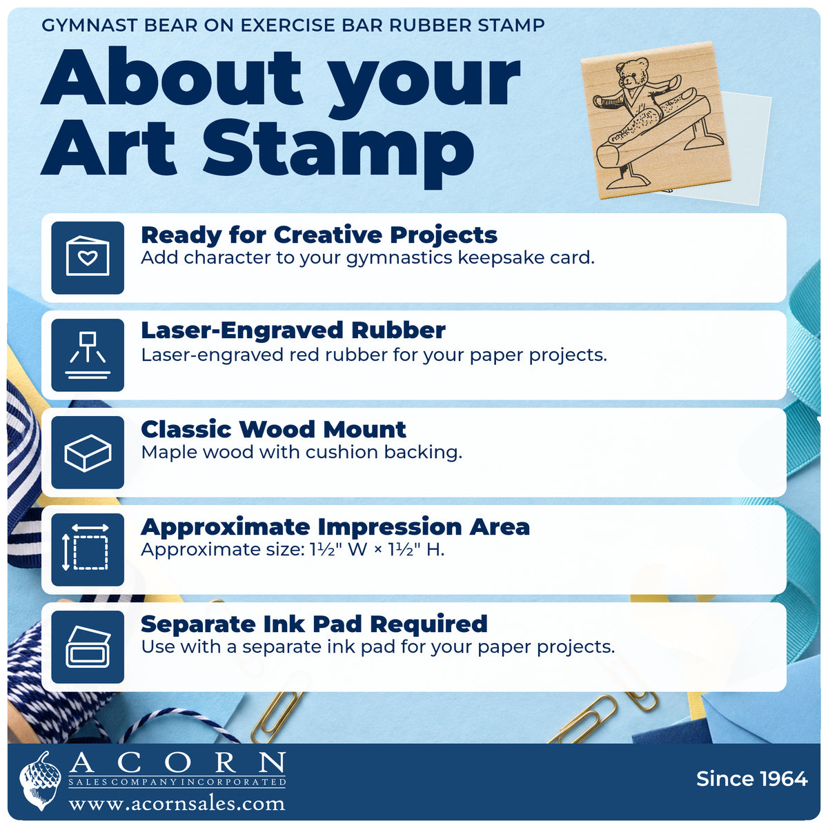 Gymnast Bear on Exercise Bar Rubber Stamp feature guide covering the wood mount, rubber construction, approximate size and separate ink pad.