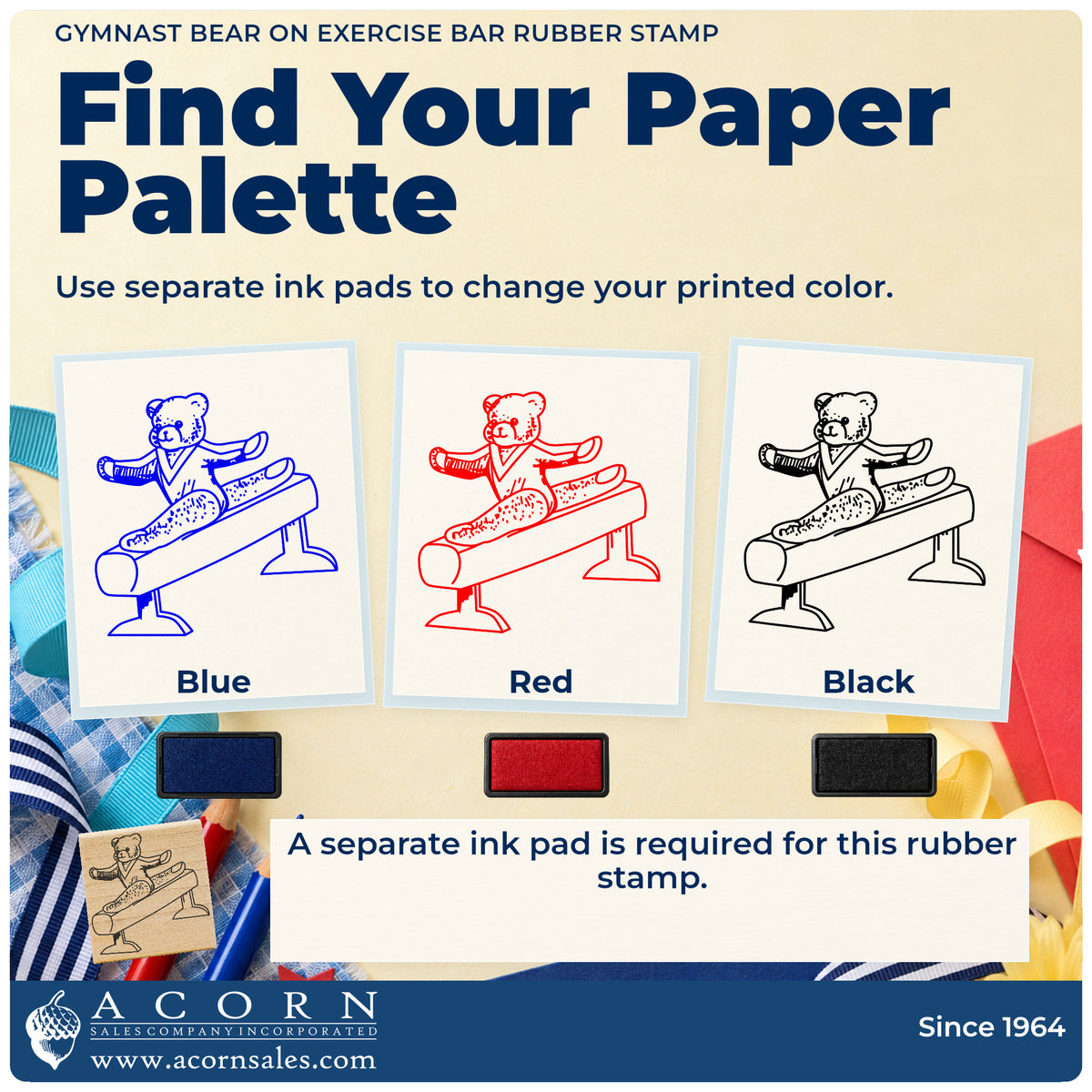 Gymnast Bear on Exercise Bar Rubber Stamp ink-color infographic comparing three single-color impressions and a separate ink pad.