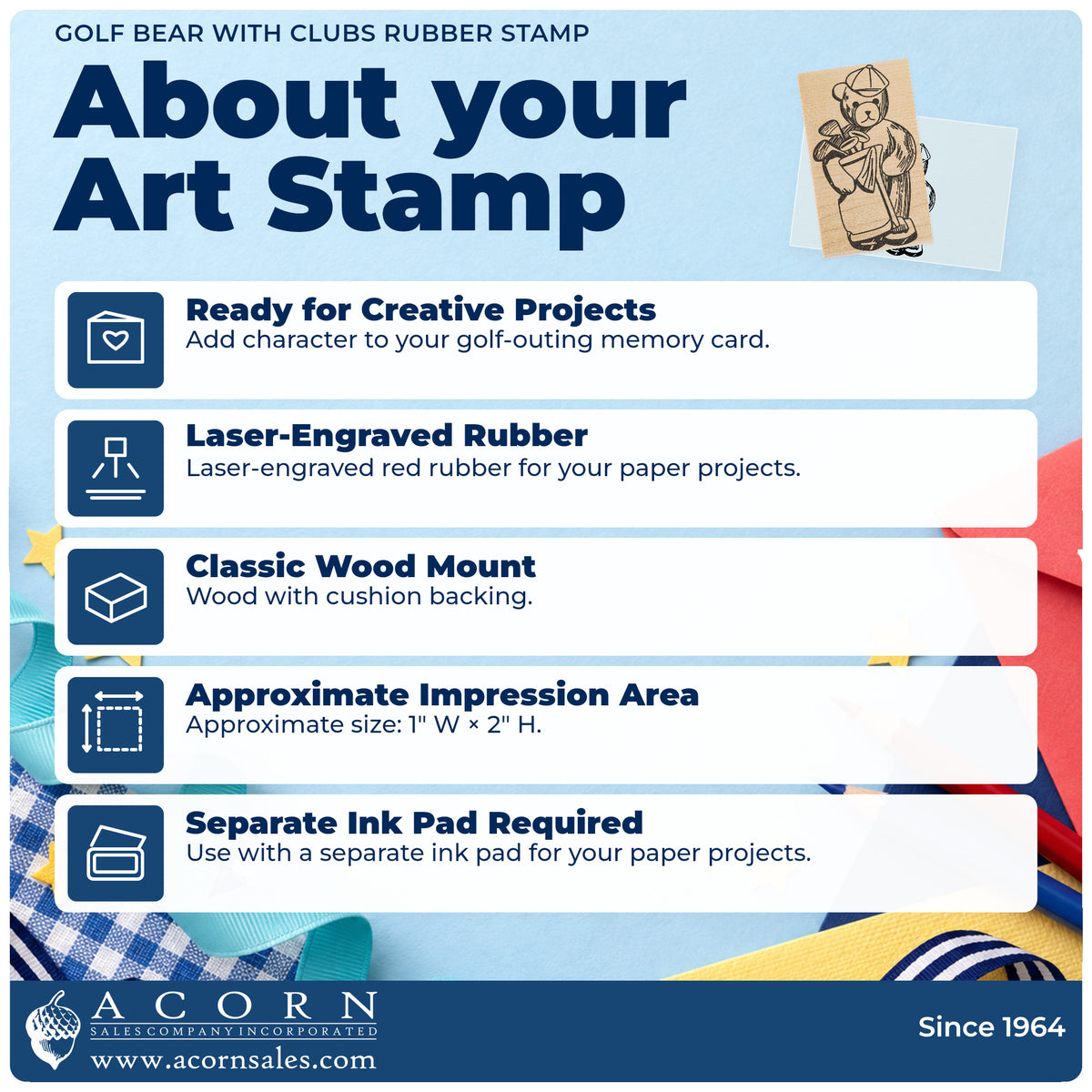 Golf Bear with Clubs Rubber Stamp feature guide covering the wood mount, rubber construction, approximate size and separate ink pad.