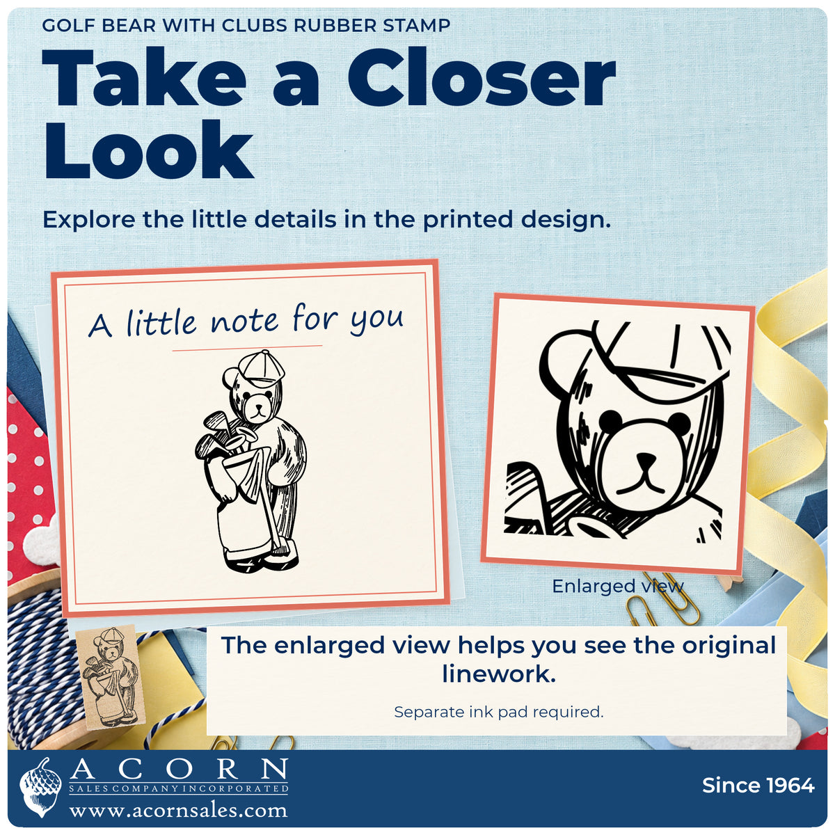 Golf Bear with Clubs Rubber Stamp detail infographic with an enlarged view of the printed design.