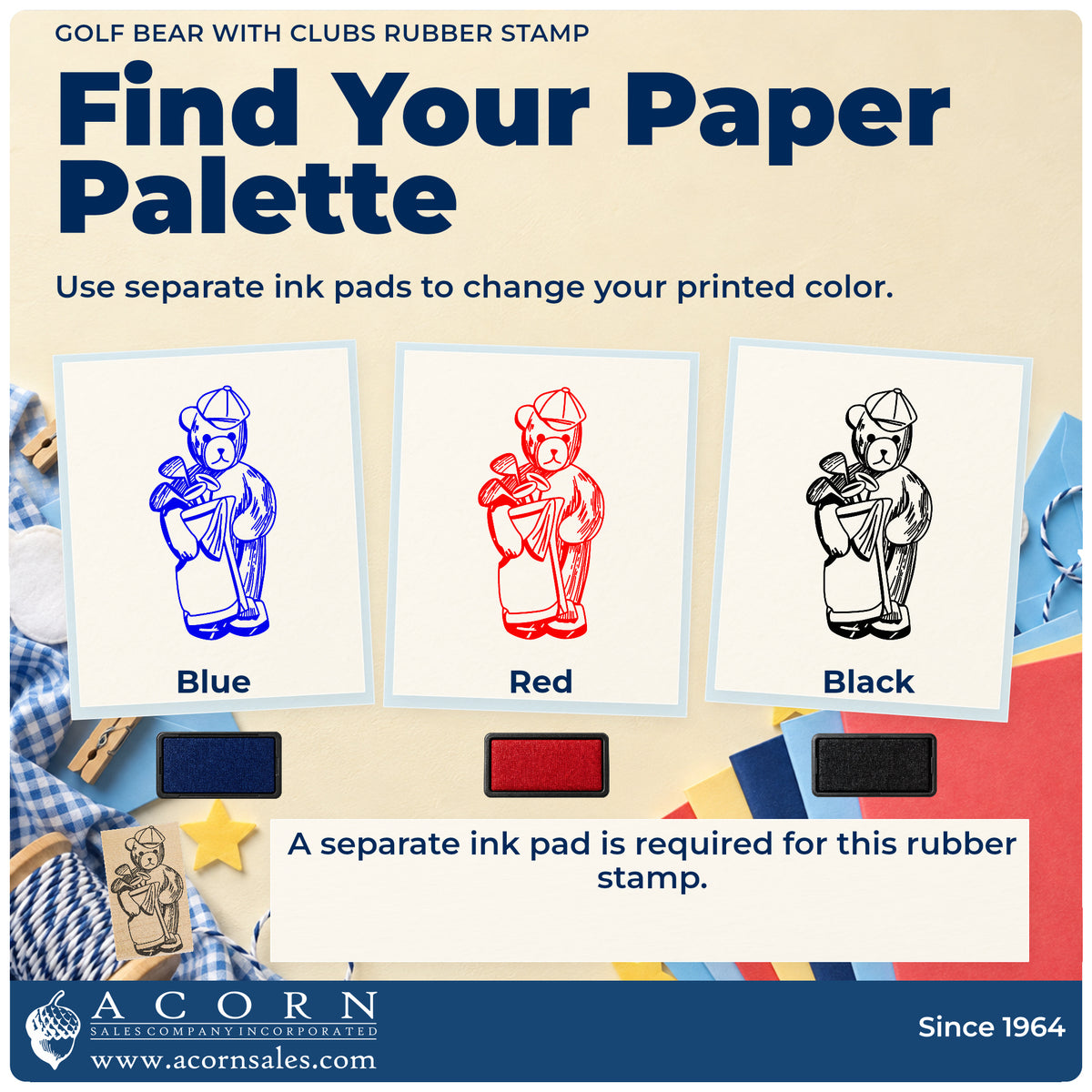 Golf Bear with Clubs Rubber Stamp ink-color infographic comparing three single-color impressions and a separate ink pad.