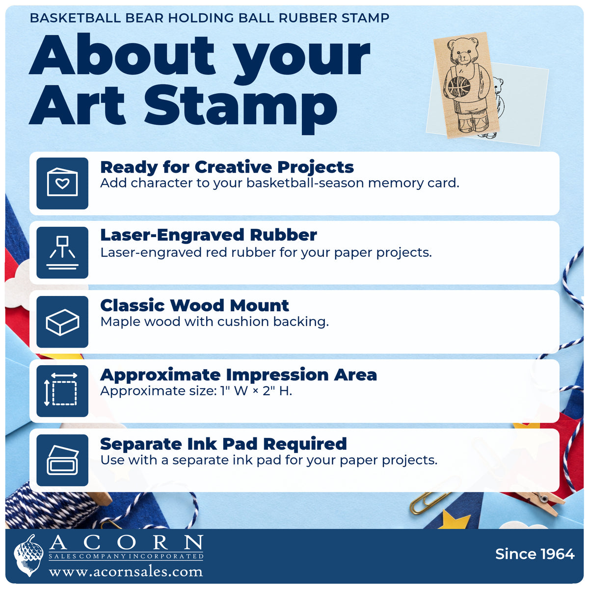 Basketball Bear Holding Ball Rubber Stamp feature guide covering the wood mount, rubber construction, approximate size and separate ink pad.