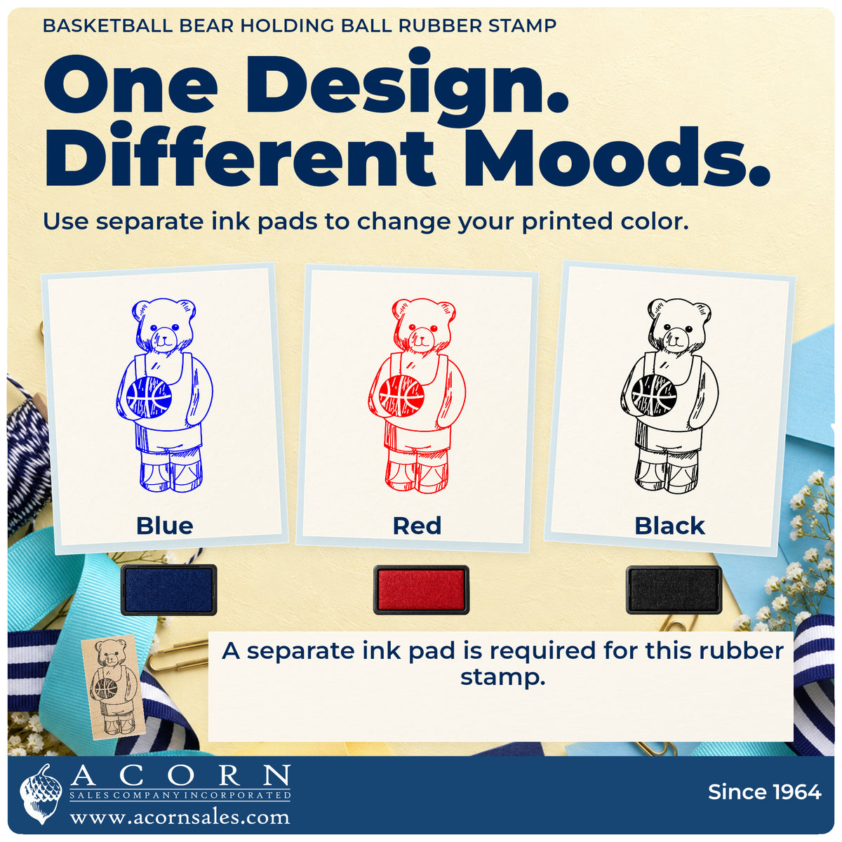 Basketball Bear Holding Ball Rubber Stamp ink-color infographic comparing three single-color impressions and a separate ink pad.