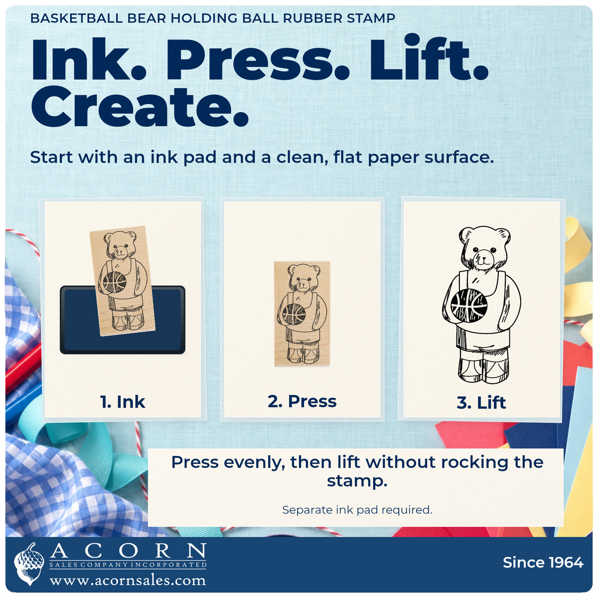 Basketball Bear Holding Ball Rubber Stamp stamping guide illustrating how to ink, press and lift the stamp.