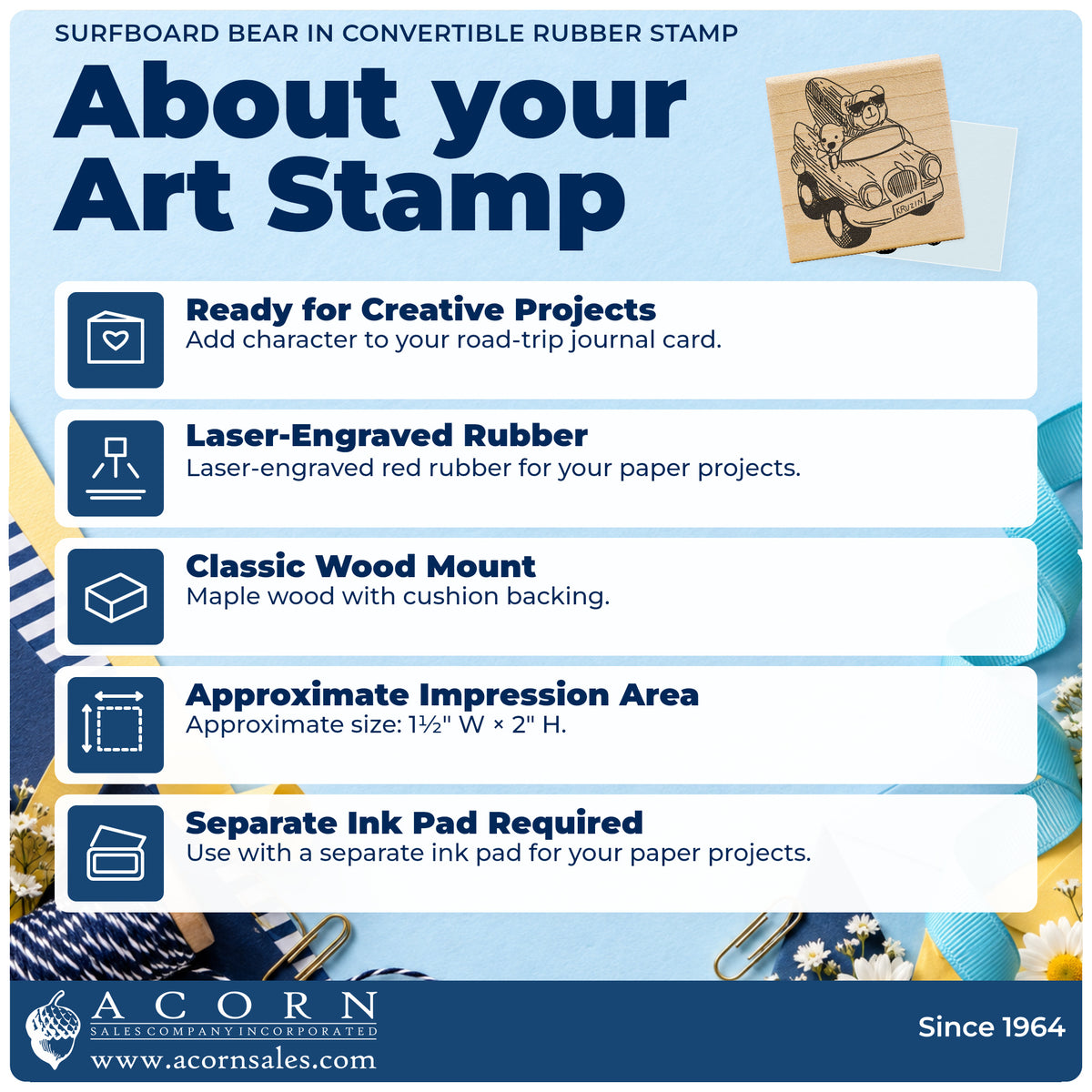 Surfboard Bear in Convertible Rubber Stamp feature guide covering the wood mount, rubber construction, approximate size and separate ink pad.