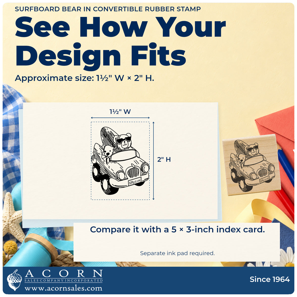 Surfboard Bear in Convertible Rubber Stamp impression-size guide showing the design on a paper reference with dimension labels.