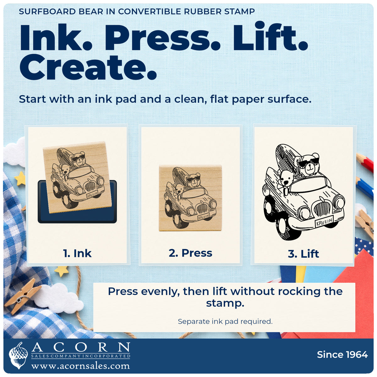 Surfboard Bear in Convertible Rubber Stamp stamping guide illustrating how to ink, press and lift the stamp.