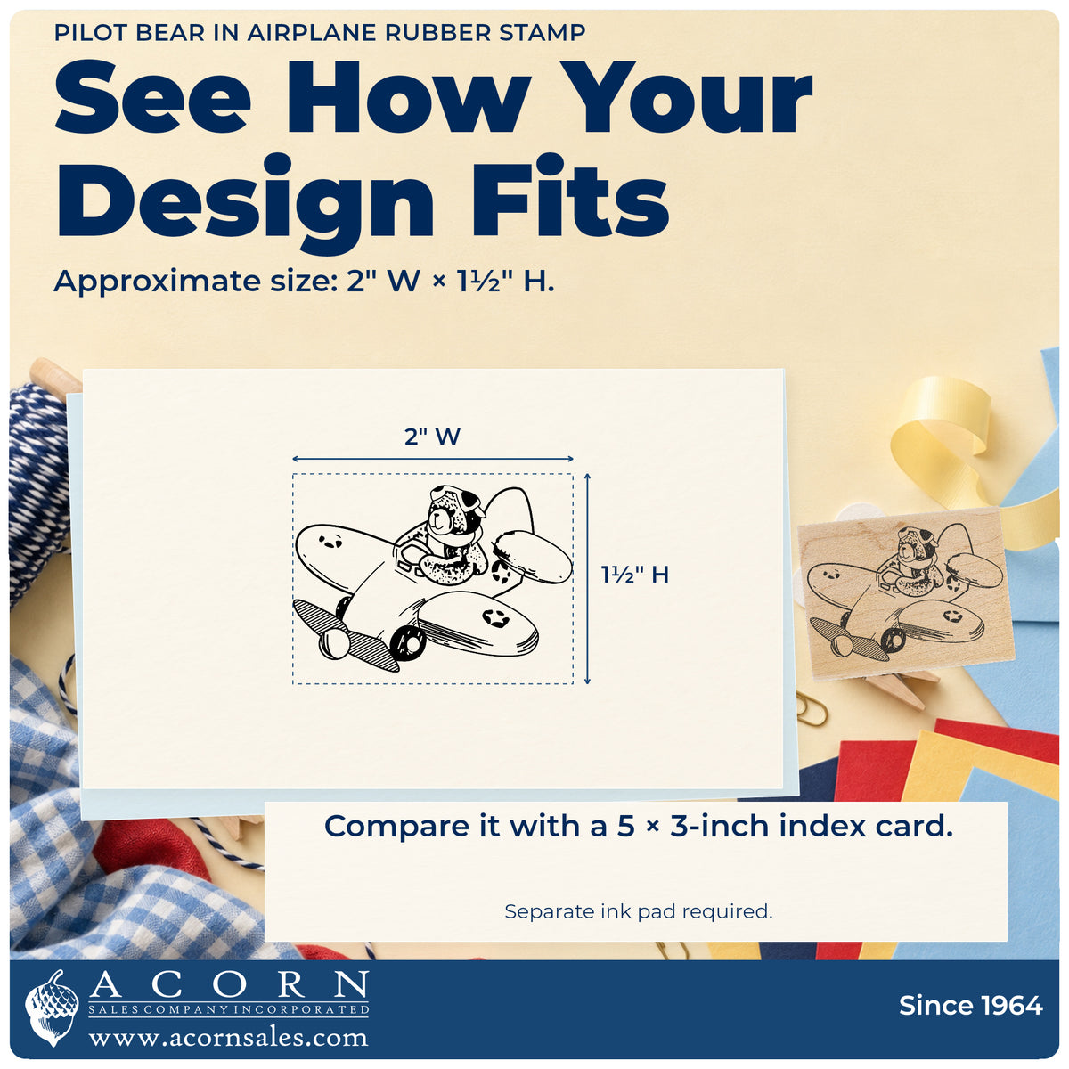 Pilot Bear in Airplane Rubber Stamp impression-size guide showing the design on a paper reference with dimension labels.