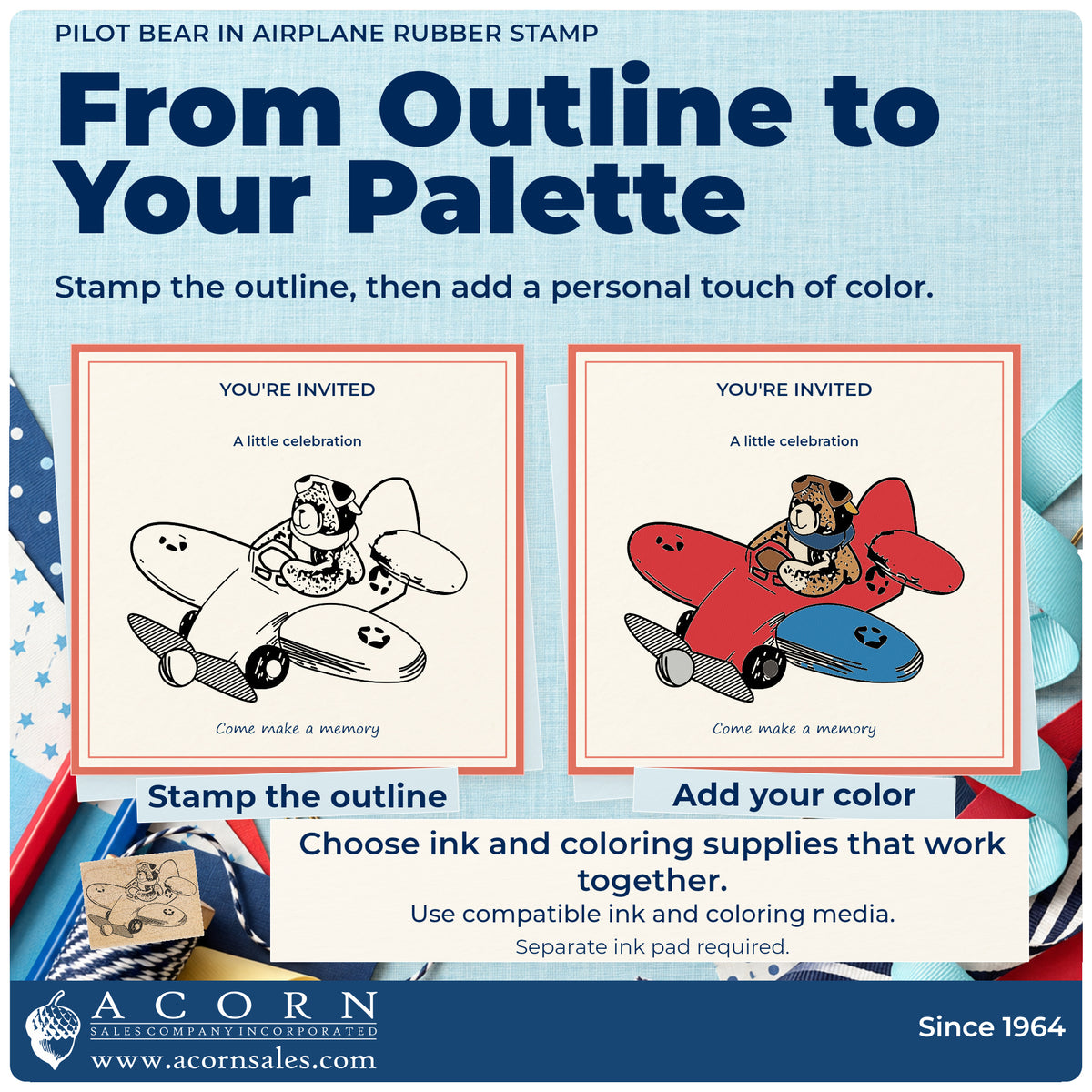 Pilot Bear in Airplane Rubber Stamp stamp-and-color guide comparing an outline impression with a colored example.