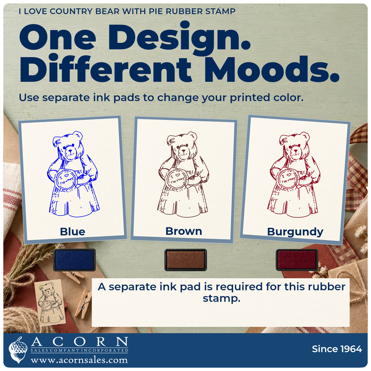 I Love Country Bear with Pie Rubber Stamp ink-color infographic comparing three single-color impressions and a separate ink pad.