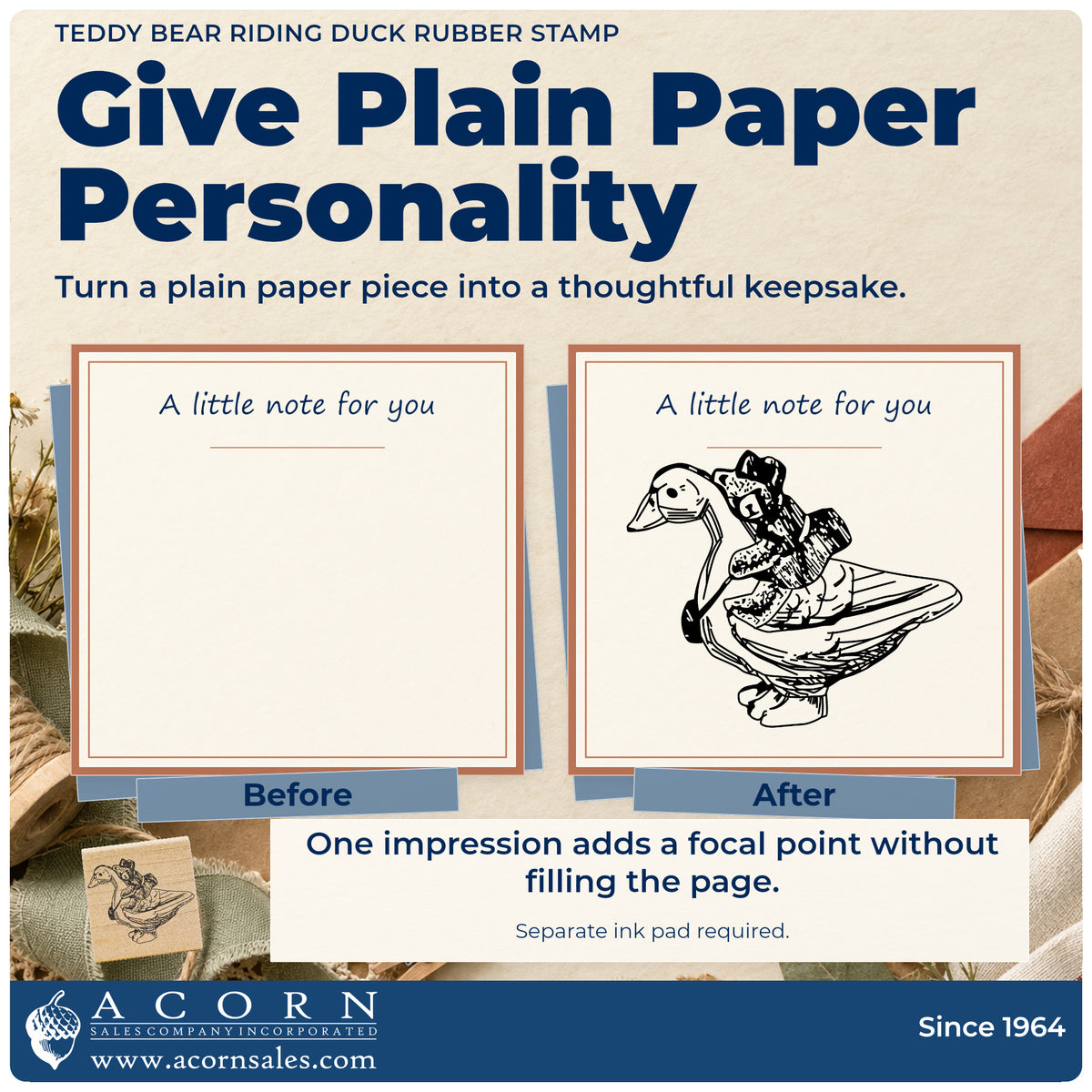 Teddy Bear Riding Duck Rubber Stamp before-and-after infographic comparing plain paper with the stamped project.
