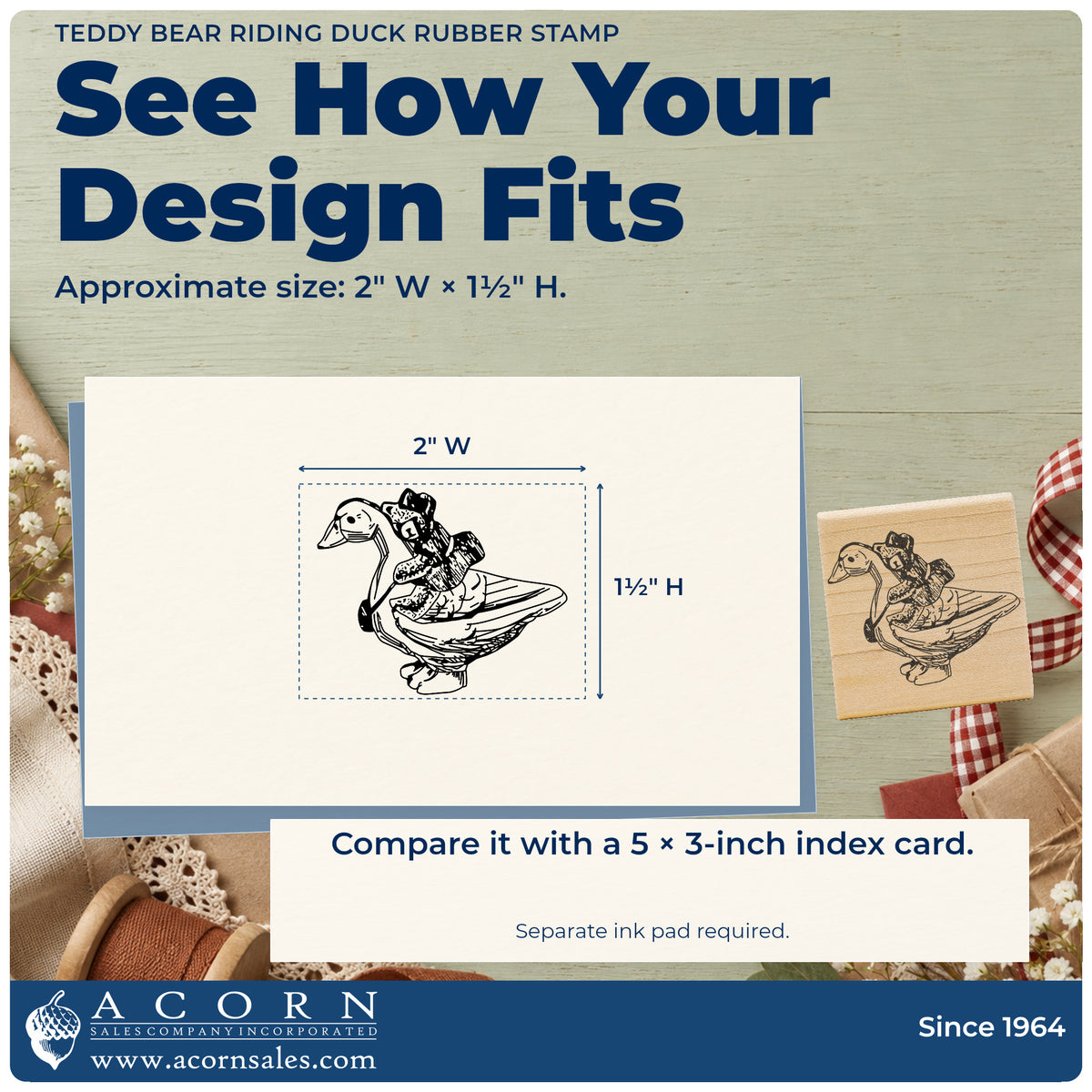 Teddy Bear Riding Duck Rubber Stamp impression-size guide showing the design on a paper reference with dimension labels.