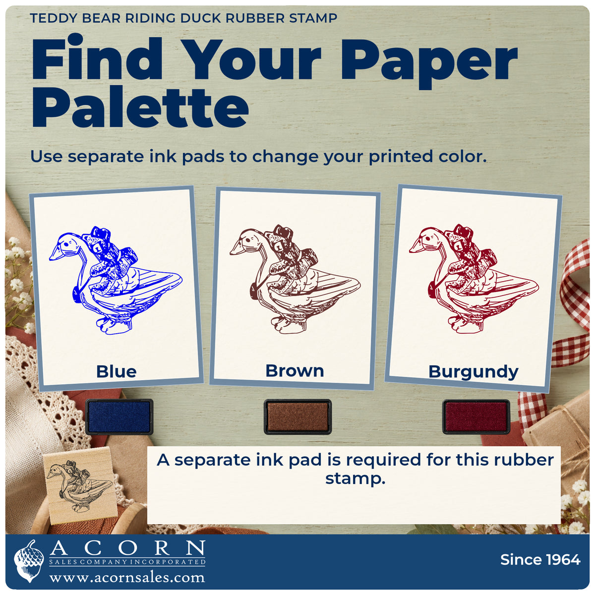 Teddy Bear Riding Duck Rubber Stamp ink-color infographic comparing three single-color impressions and a separate ink pad.