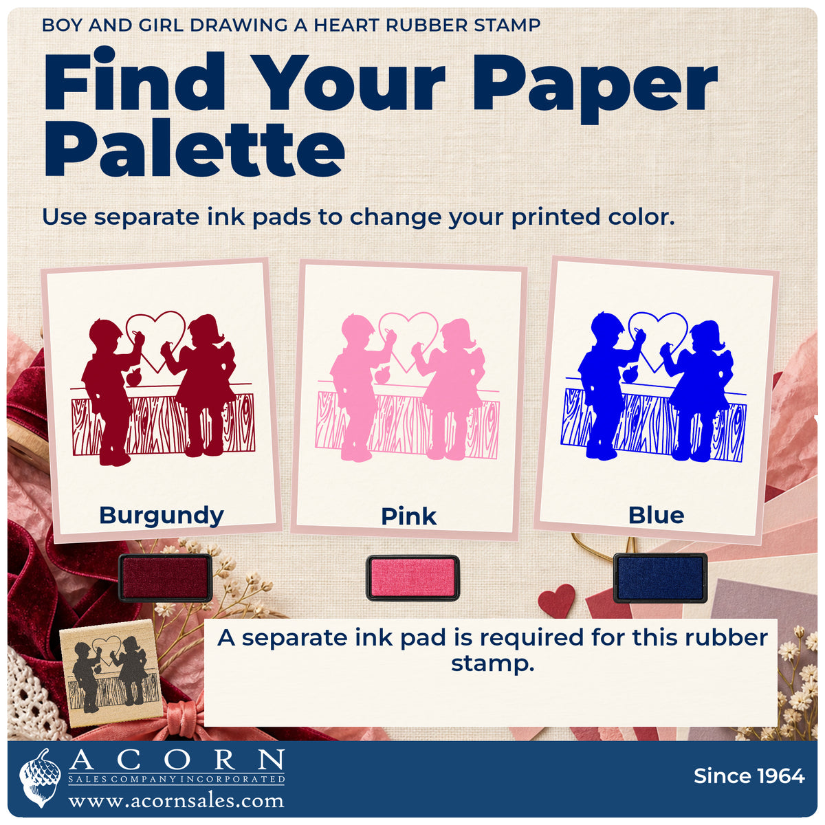 Boy and Girl Drawing a Heart Rubber Stamp ink-color infographic comparing three single-color impressions and a separate ink pad.
