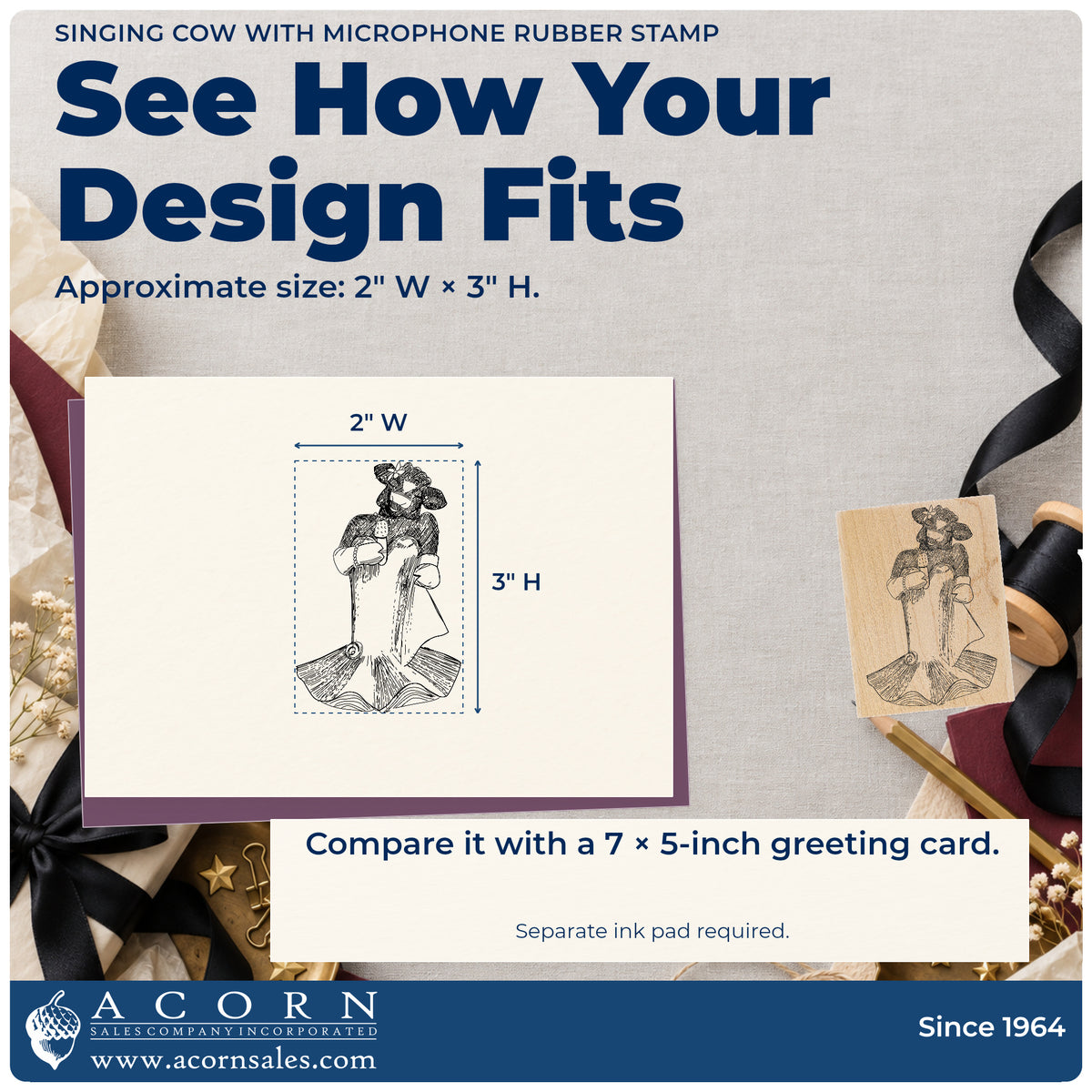 Singing Cow with Microphone Rubber Stamp impression-size guide showing the design on a paper reference with dimension labels.