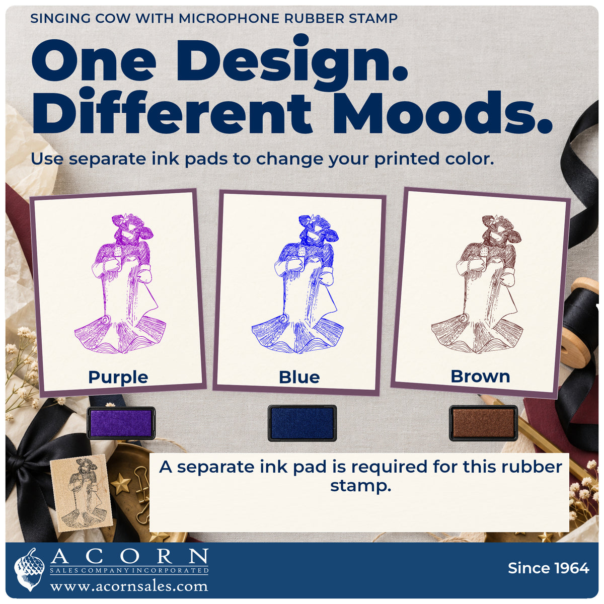 Singing Cow with Microphone Rubber Stamp ink-color infographic comparing three single-color impressions and a separate ink pad.