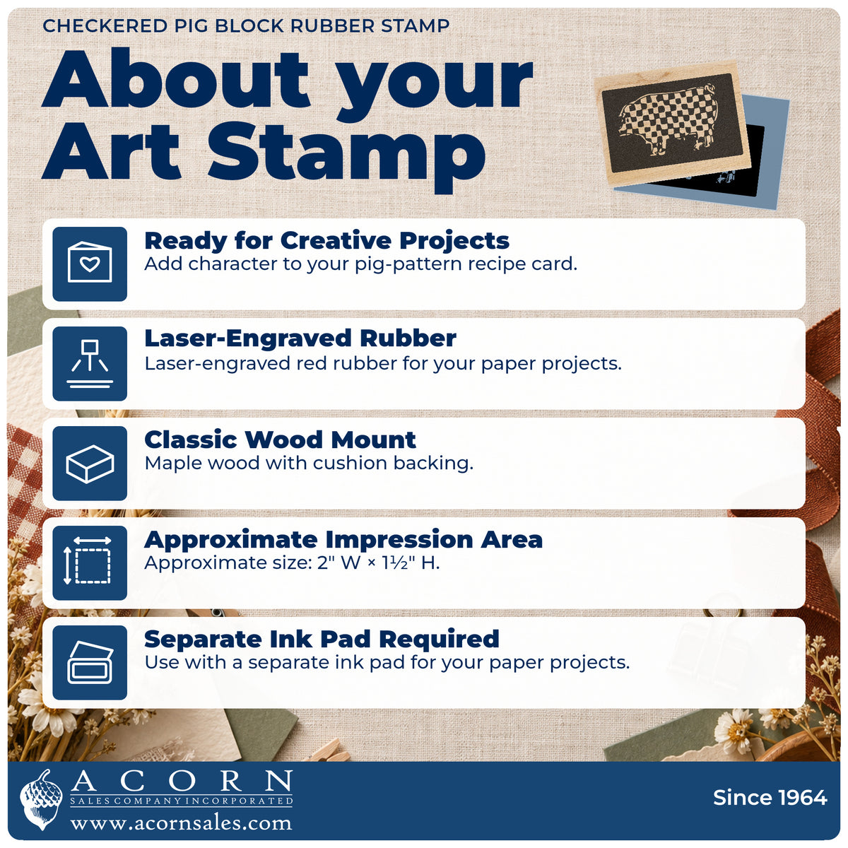 Checkered Pig Block Rubber Stamp feature guide covering the wood mount, rubber construction, approximate size and separate ink pad.