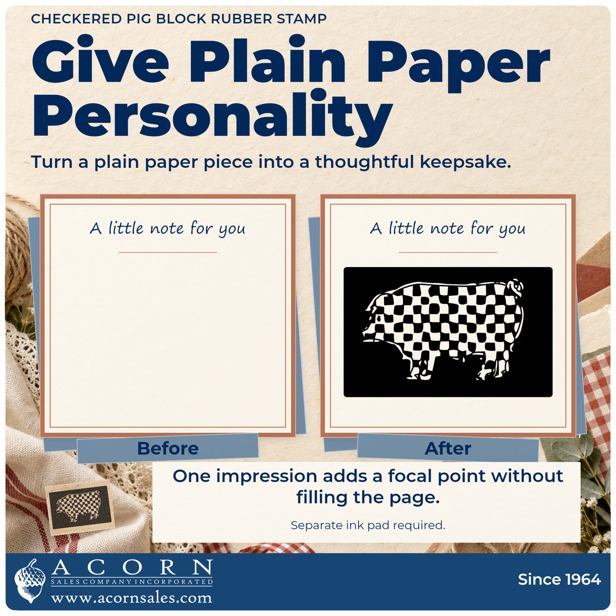 Checkered Pig Block Rubber Stamp before-and-after infographic comparing plain paper with the stamped project.