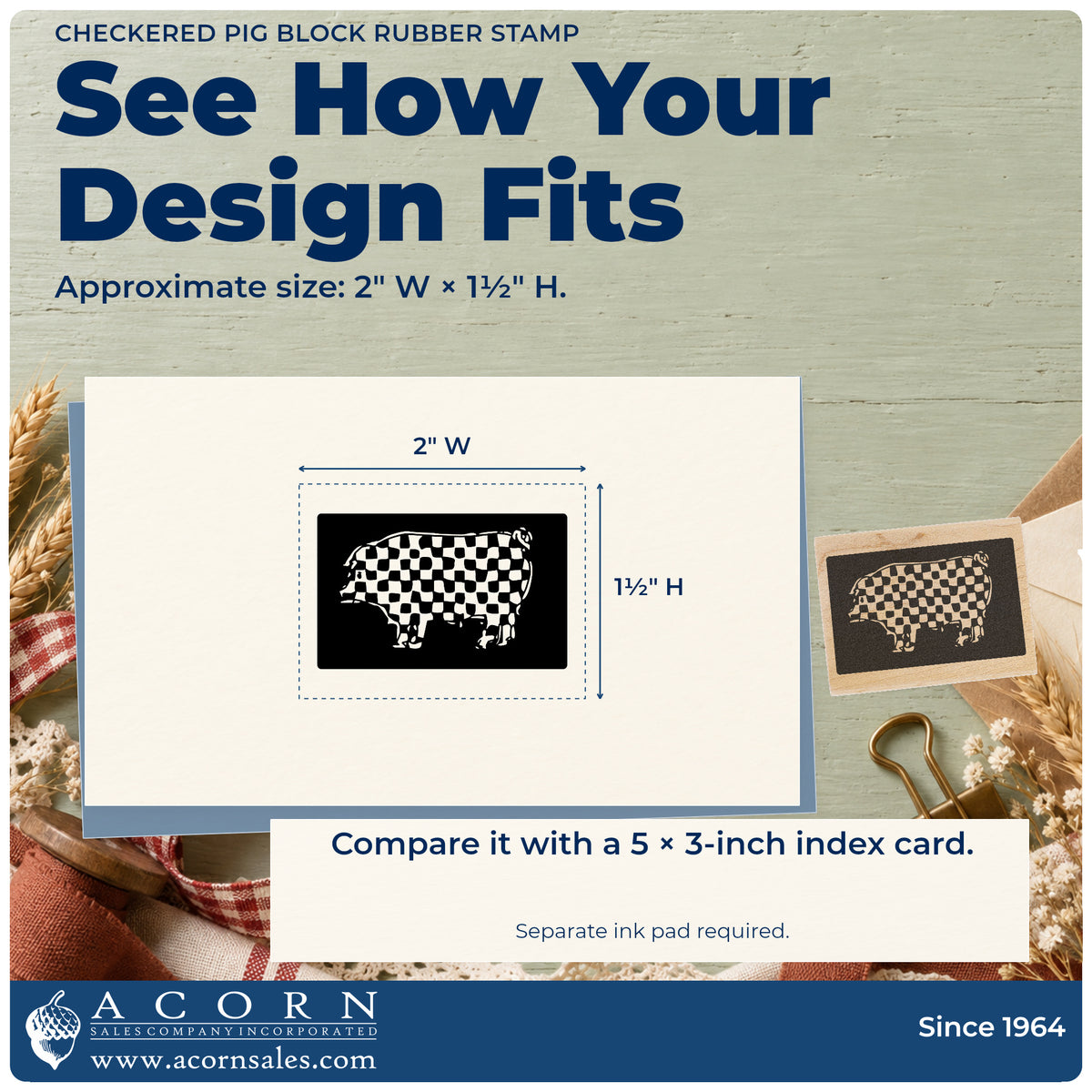 Checkered Pig Block Rubber Stamp impression-size guide showing the design on a paper reference with dimension labels.