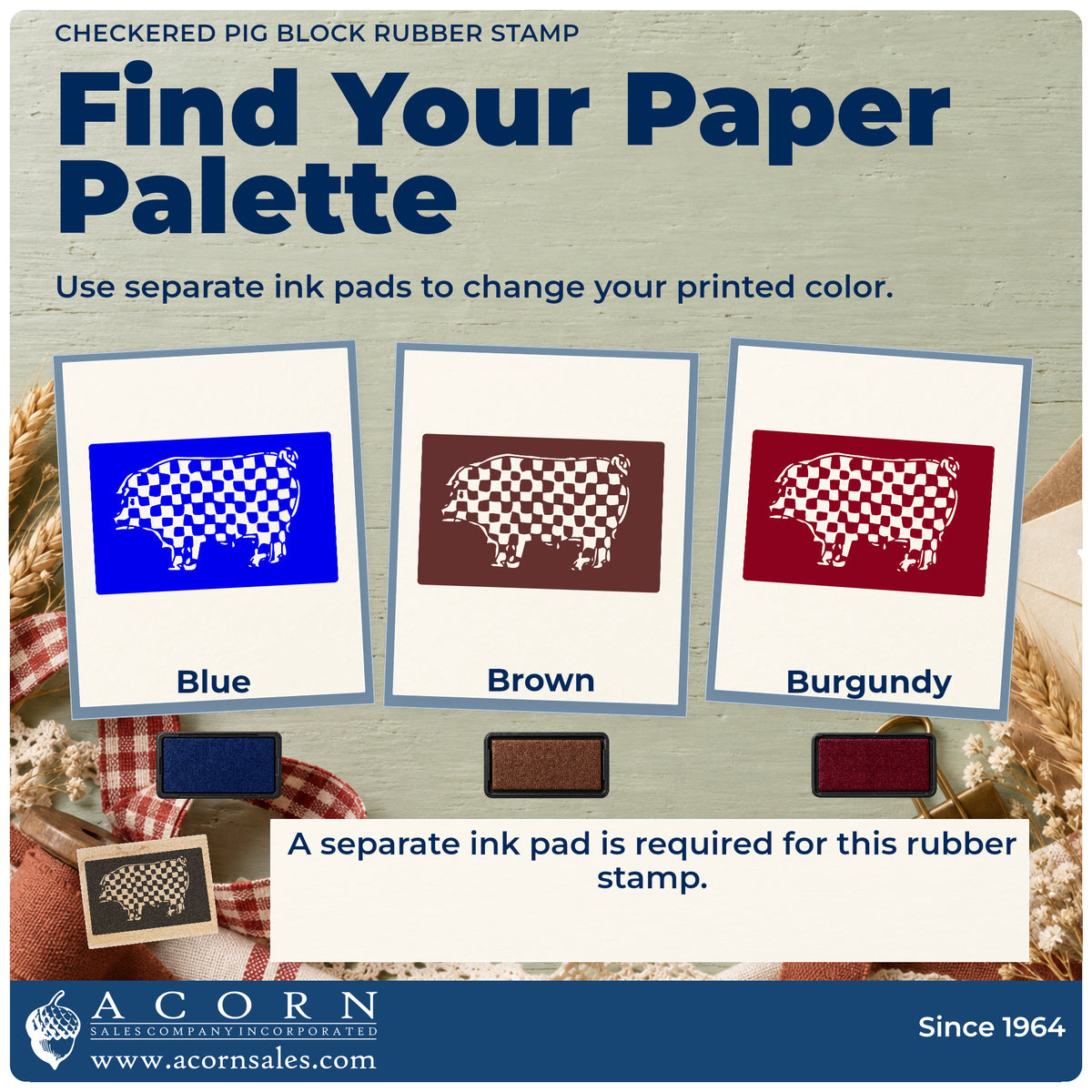 Checkered Pig Block Rubber Stamp ink-color infographic comparing three single-color impressions and a separate ink pad.