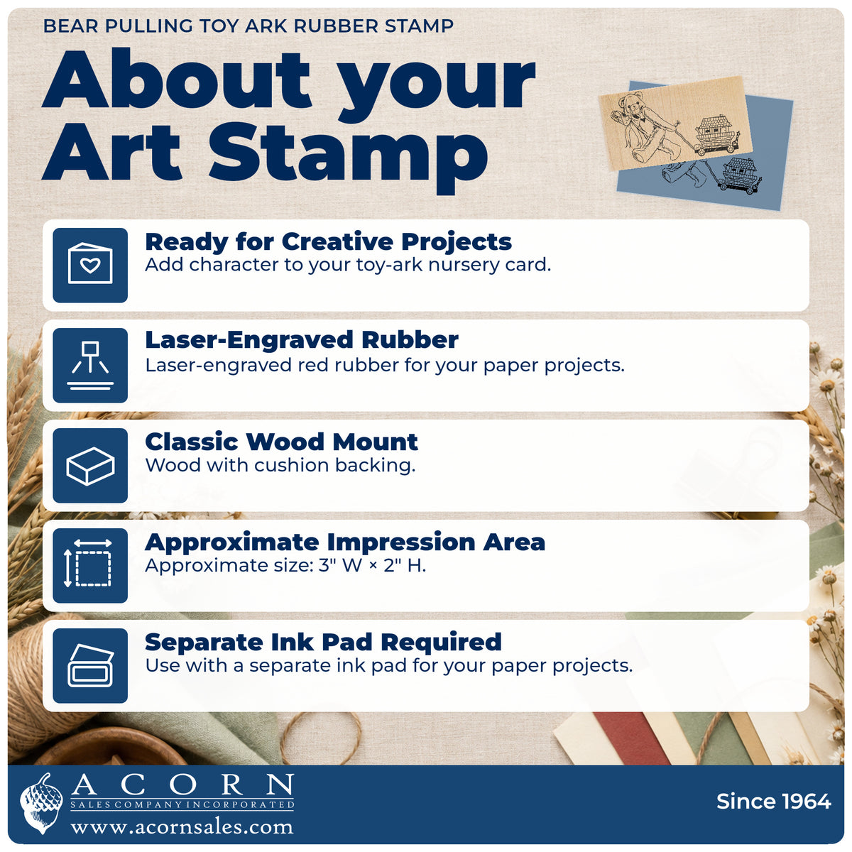 Bear Pulling Toy Ark Rubber Stamp feature guide covering the wood mount, rubber construction, approximate size and separate ink pad.