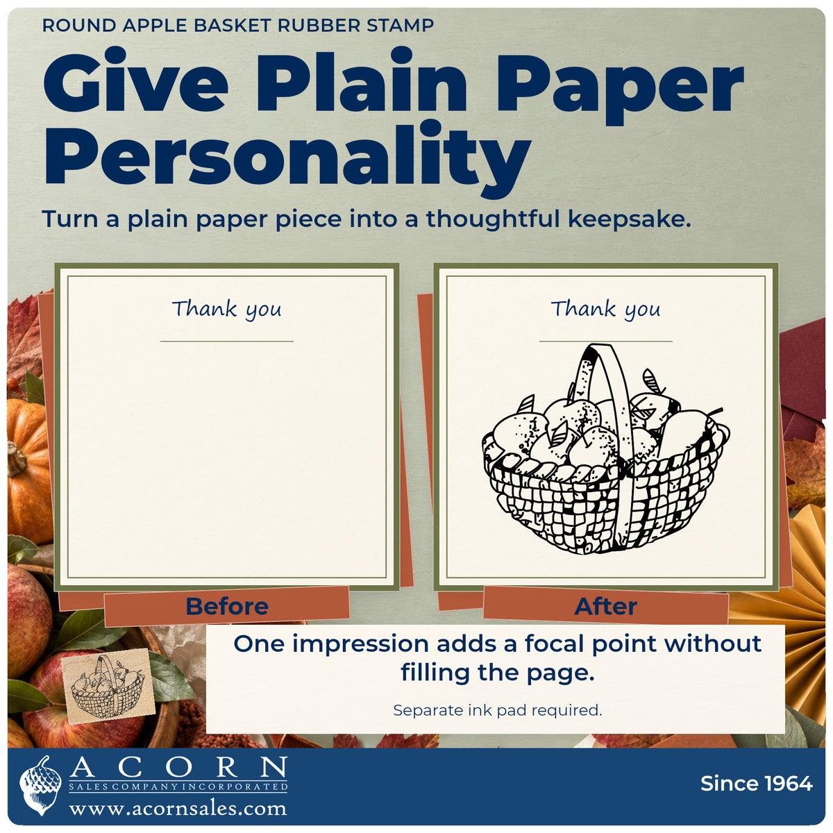 Round Apple Basket Rubber Stamp before-and-after infographic comparing plain paper with the stamped project.