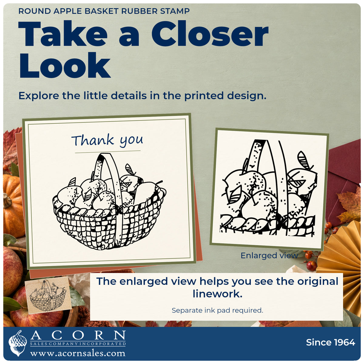 Round Apple Basket Rubber Stamp detail infographic with an enlarged view of the printed design.