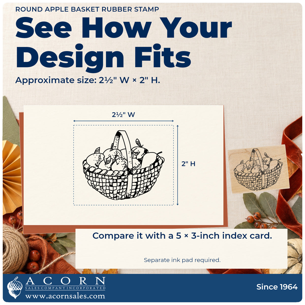 Round Apple Basket Rubber Stamp impression-size guide showing the design on a paper reference with dimension labels.