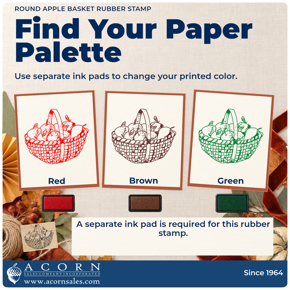 Round Apple Basket Rubber Stamp ink-color infographic comparing three single-color impressions and a separate ink pad.