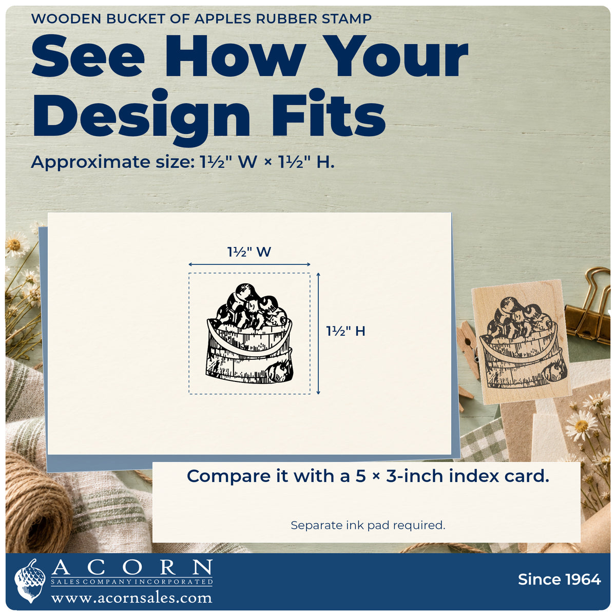 Wooden Bucket of Apples Rubber Stamp impression-size guide showing the design on a paper reference with dimension labels.