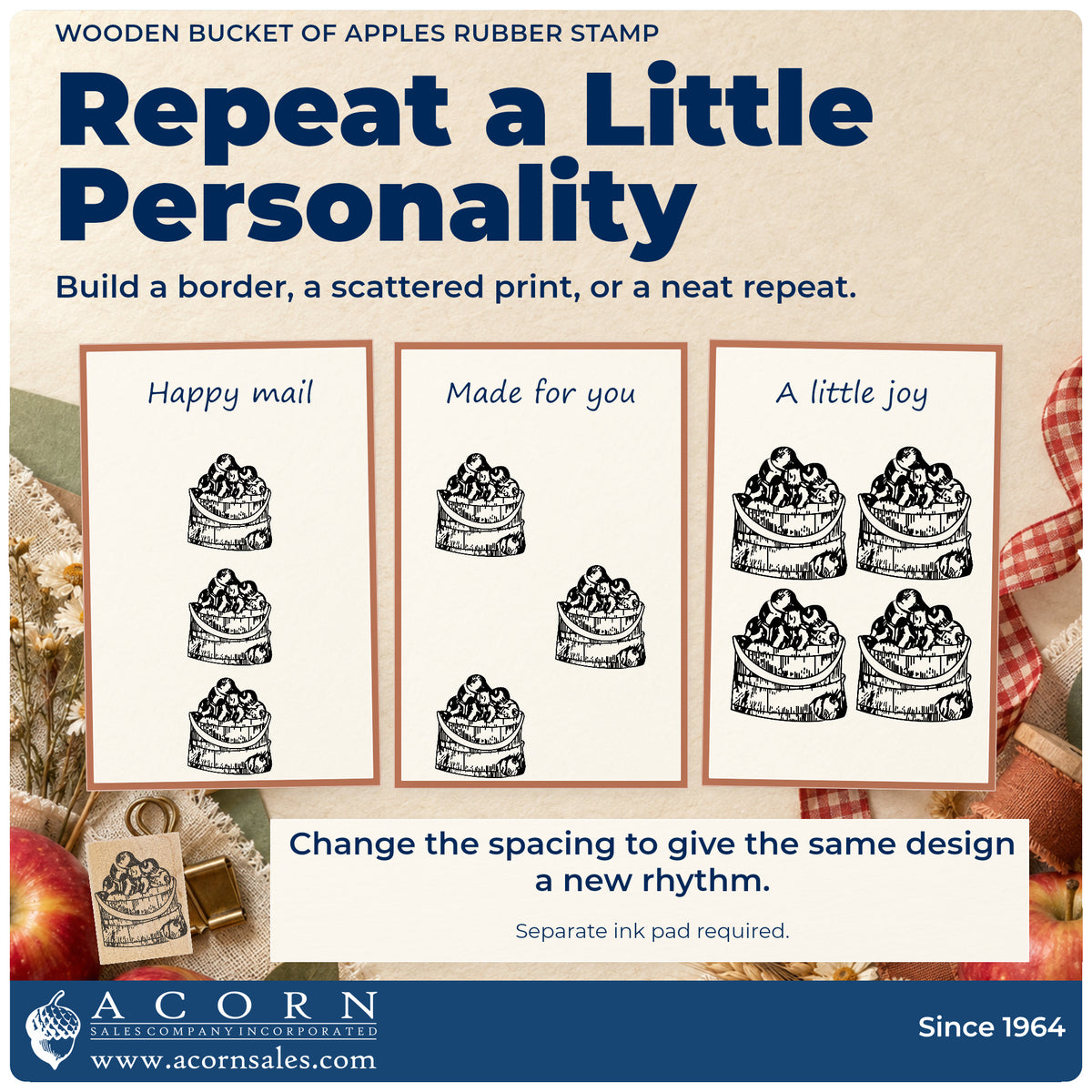 Wooden Bucket of Apples Rubber Stamp pattern guide showing repeated impressions in borders, scattered prints and a grid.