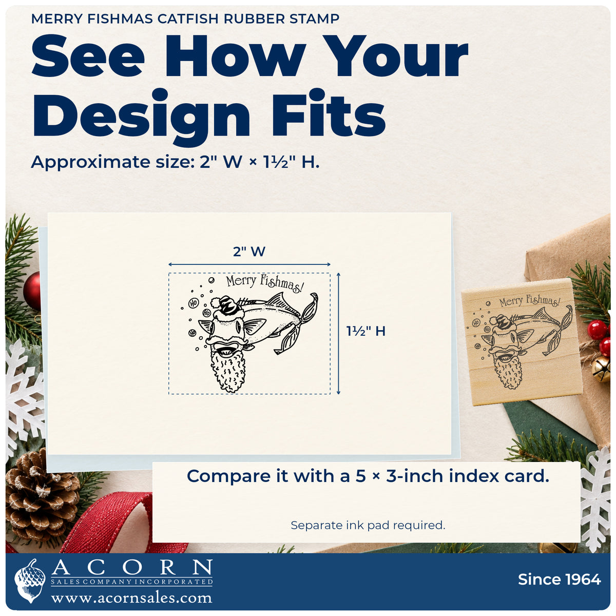 Merry Fishmas Catfish Rubber Stamp impression-size guide showing the design on a paper reference with dimension labels.