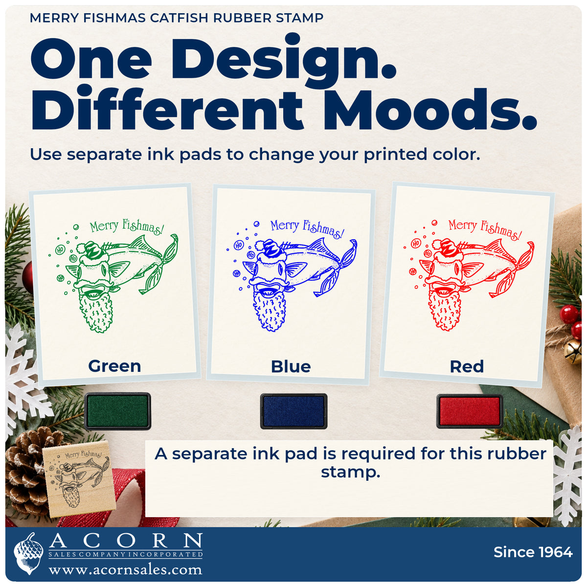 Merry Fishmas Catfish Rubber Stamp ink-color infographic comparing three single-color impressions and a separate ink pad.