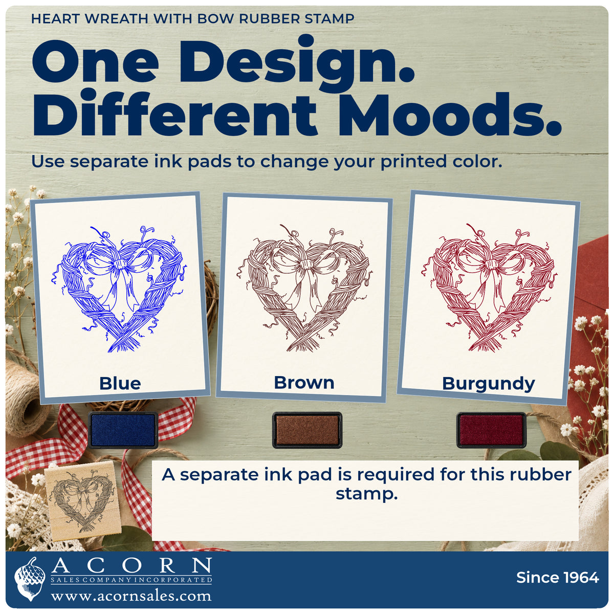 Heart Wreath with Bow Rubber Stamp ink-color infographic comparing three single-color impressions and a separate ink pad.
