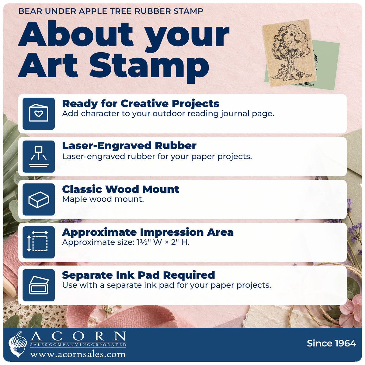 Bear under Apple Tree Rubber Stamp feature guide covering the wood mount, rubber construction, approximate size and separate ink pad.