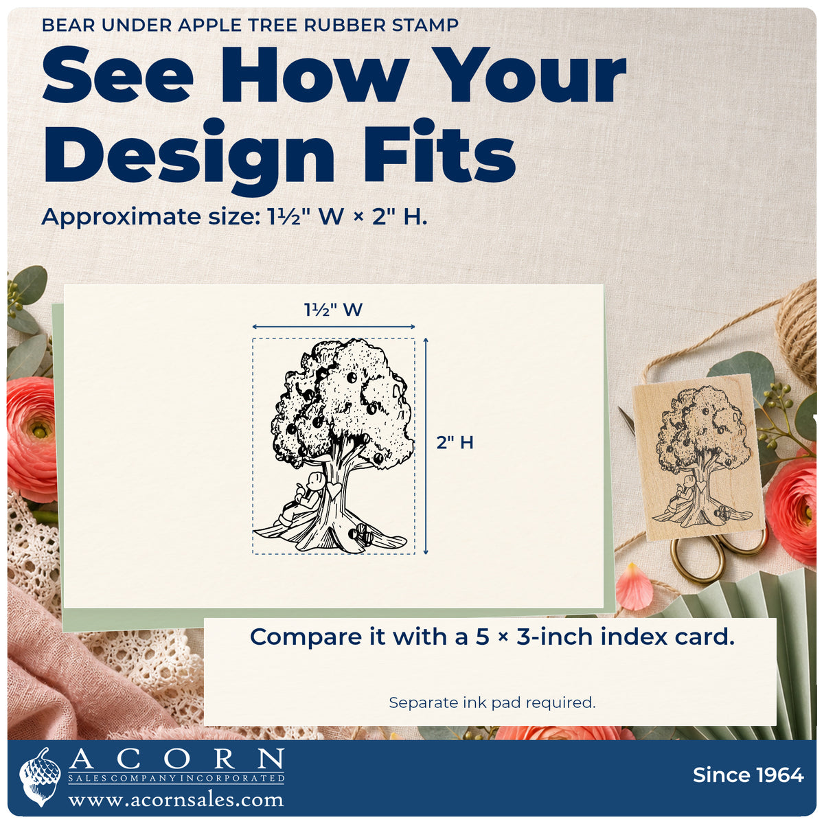 Bear under Apple Tree Rubber Stamp impression-size guide showing the design on a paper reference with dimension labels.
