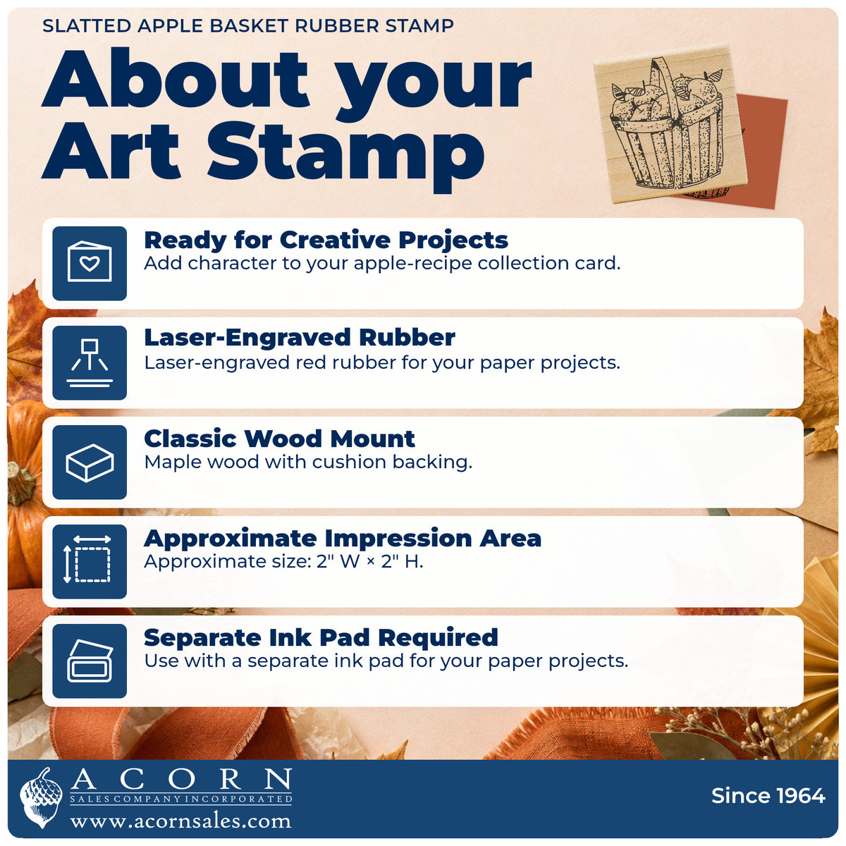 Slatted Apple Basket Rubber Stamp feature guide covering the wood mount, rubber construction, approximate size and separate ink pad.