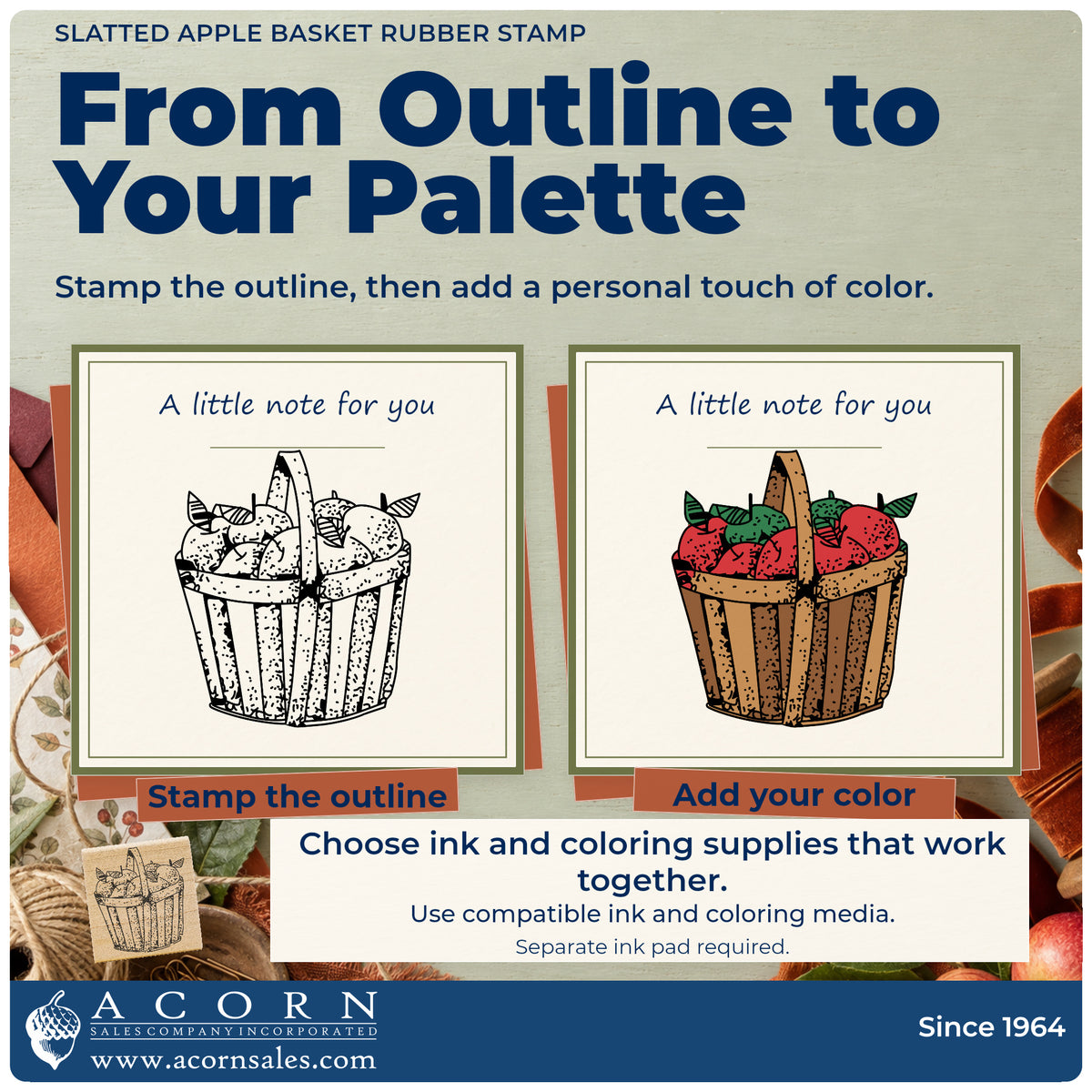 Slatted Apple Basket Rubber Stamp stamp-and-color guide comparing an outline impression with a colored example.