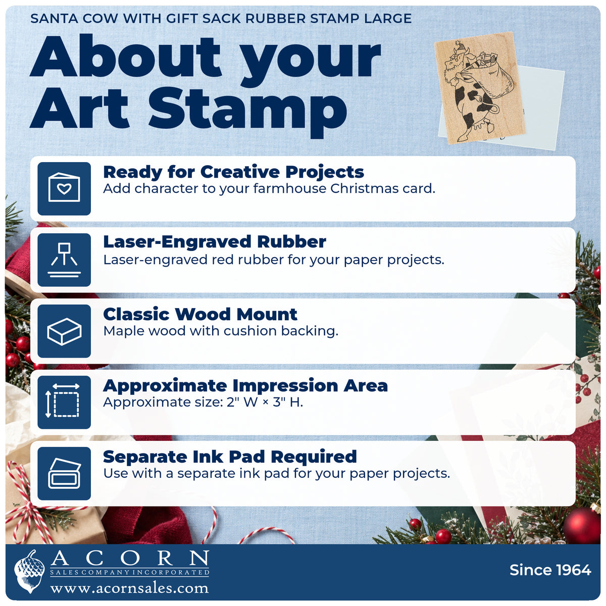 Santa Cow with Gift Sack Rubber Stamp Large feature guide covering the wood mount, rubber construction, approximate size and separate ink pad.