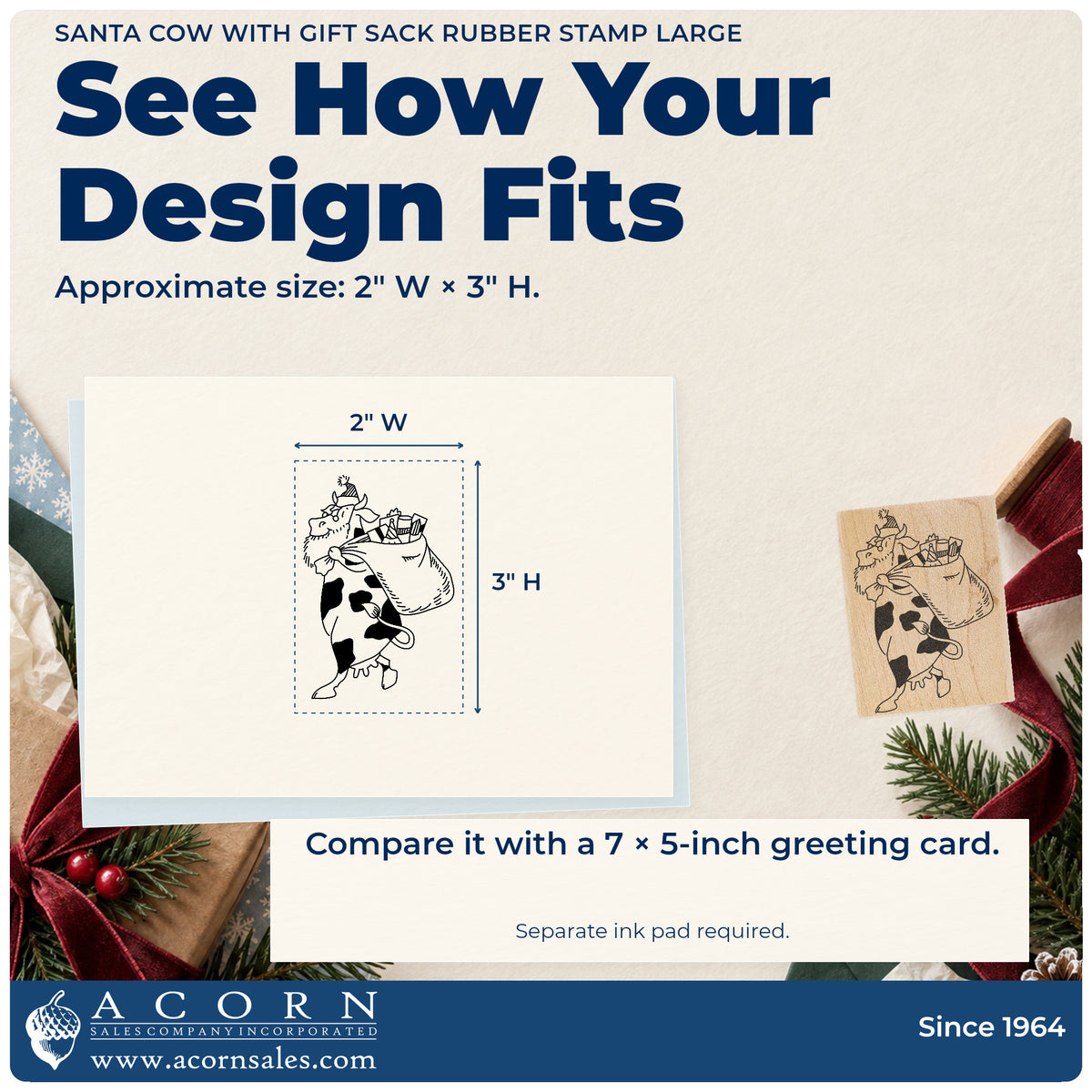Santa Cow with Gift Sack Rubber Stamp Large impression-size guide showing the design on a paper reference with dimension labels.