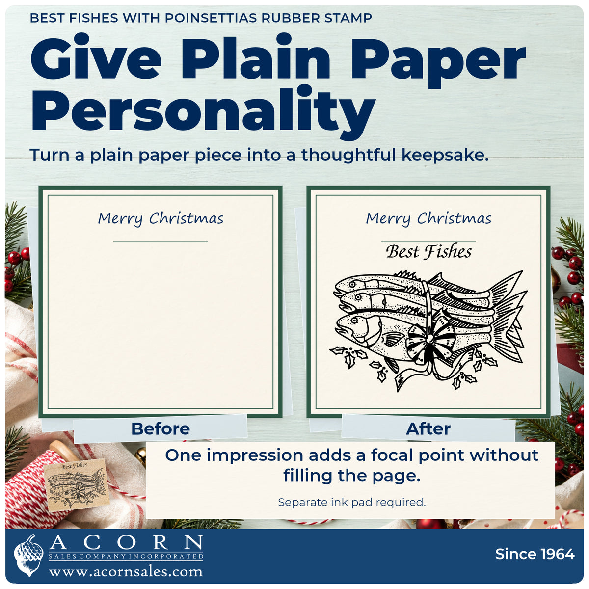 Best Fishes with Poinsettias Rubber Stamp before-and-after infographic comparing plain paper with the stamped project.