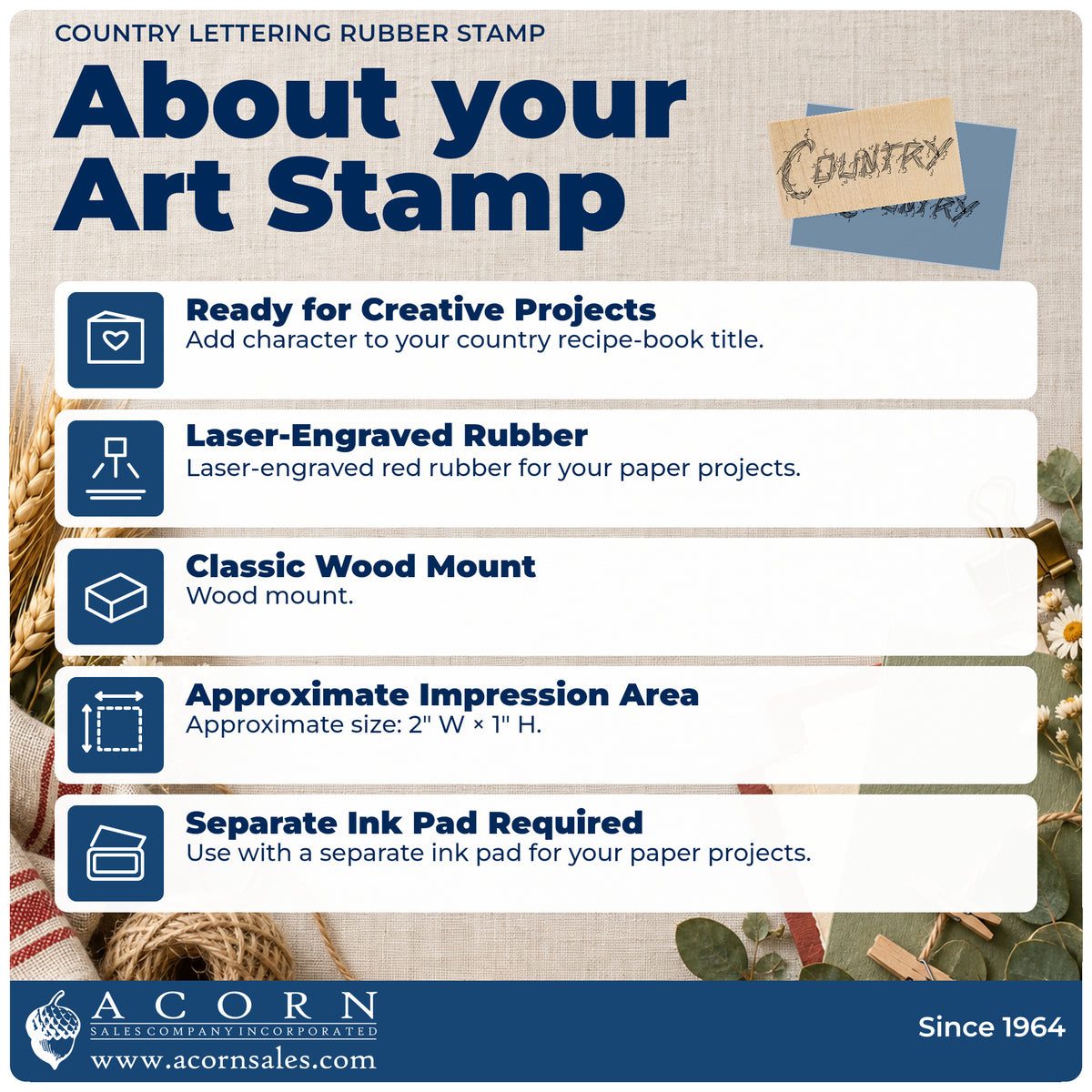 Country Lettering Rubber Stamp feature guide covering the wood mount, rubber construction, approximate size and separate ink pad.