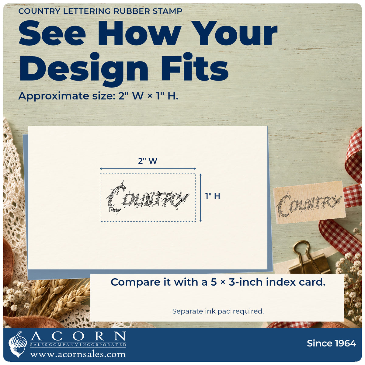 Country Lettering Rubber Stamp impression-size guide showing the design on a paper reference with dimension labels.