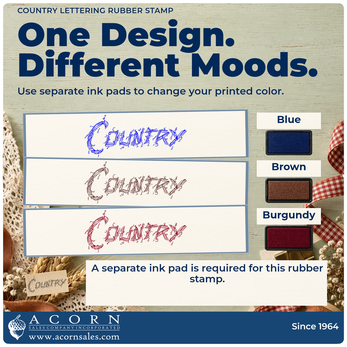 Country Lettering Rubber Stamp ink-color infographic comparing three single-color impressions and a separate ink pad.
