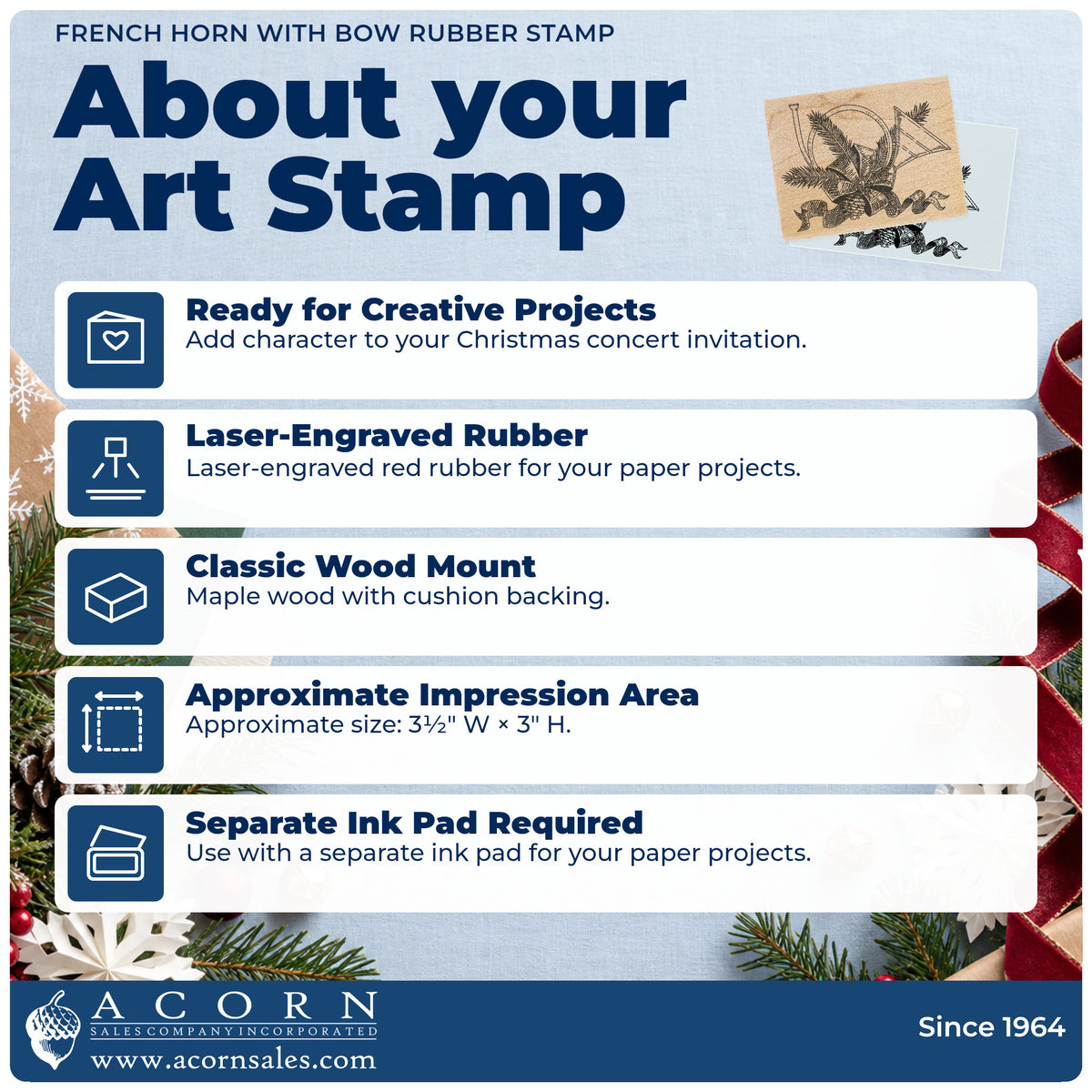 French Horn with Bow Rubber Stamp feature guide covering the wood mount, rubber construction, approximate size and separate ink pad.