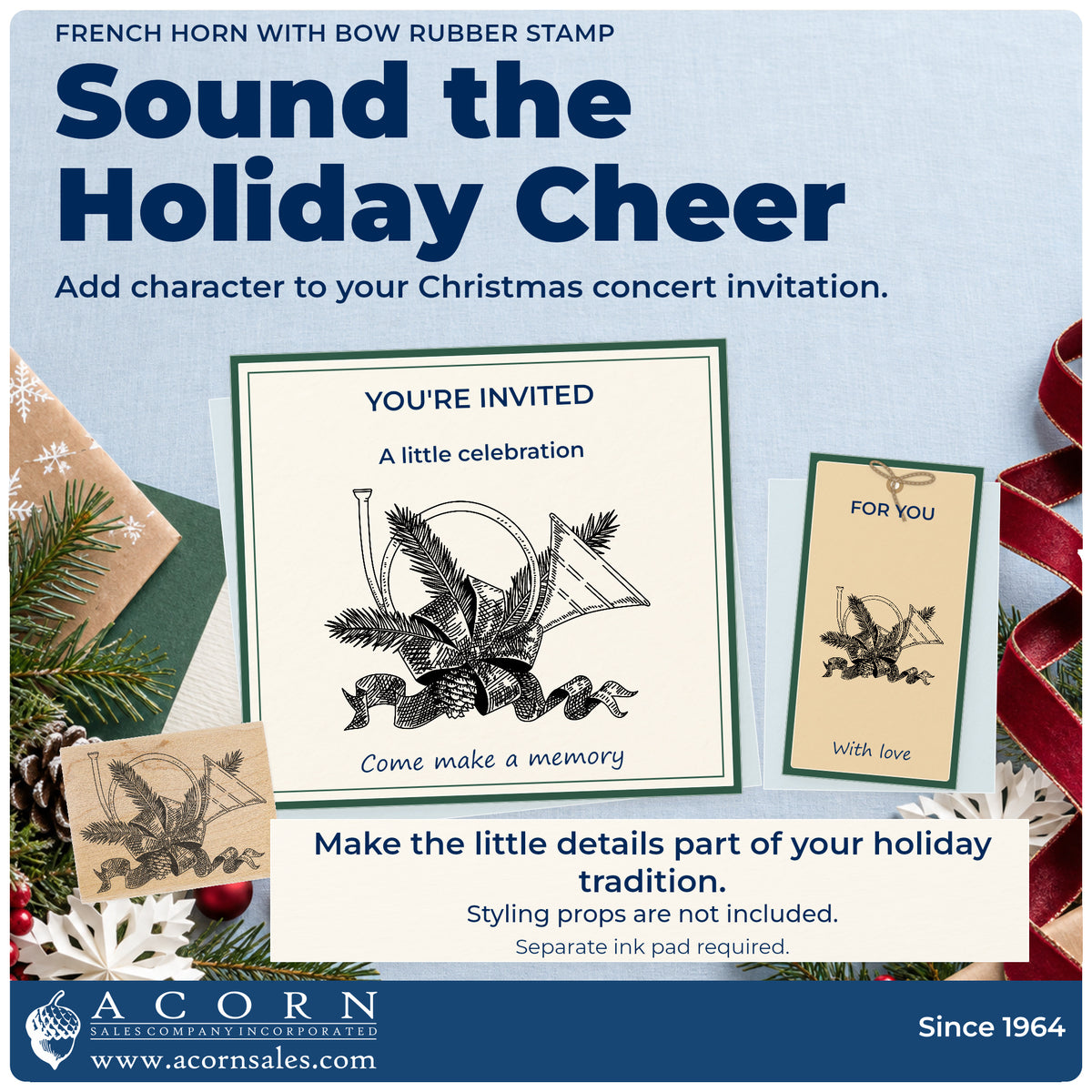 French Horn with Bow Rubber Stamp project inspiration: Christmas concert invitation.