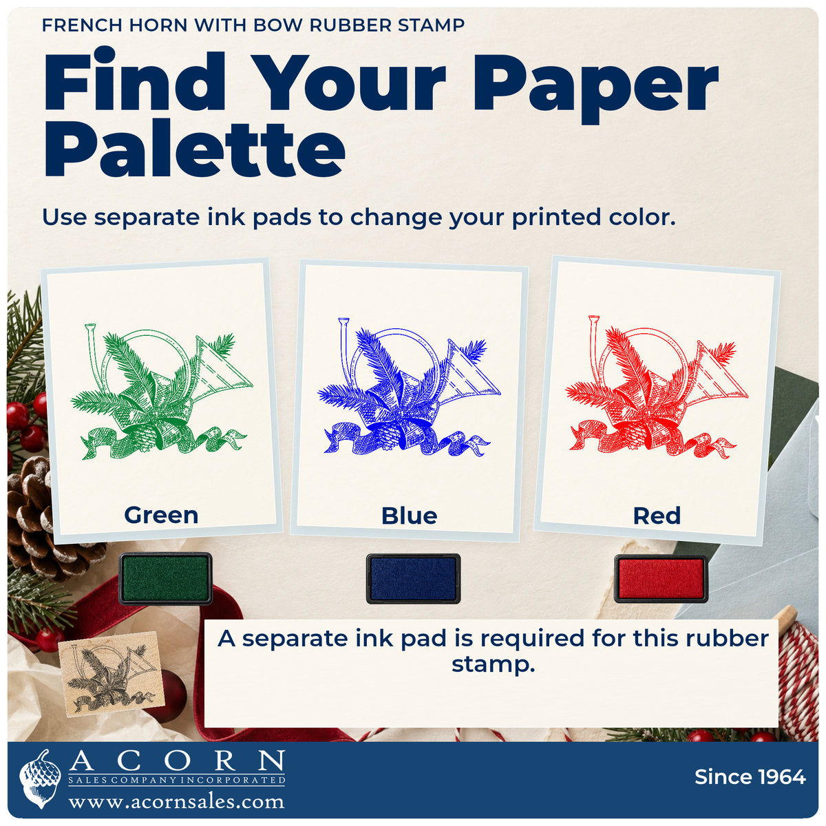 French Horn with Bow Rubber Stamp ink-color infographic comparing three single-color impressions and a separate ink pad.