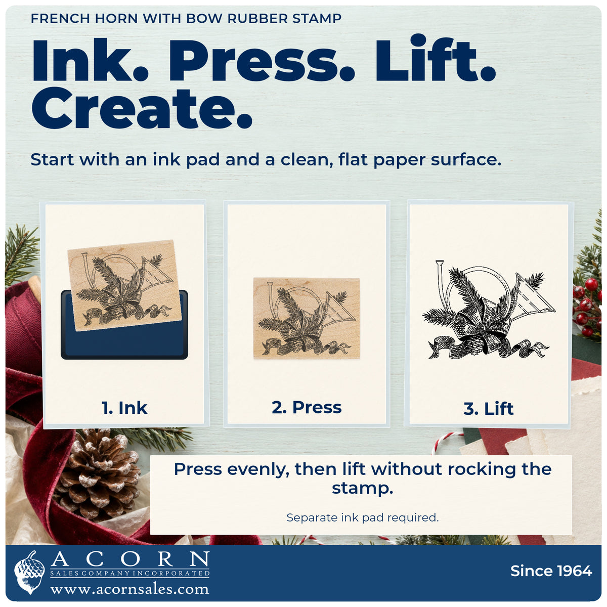 French Horn with Bow Rubber Stamp stamping guide illustrating how to ink, press and lift the stamp.
