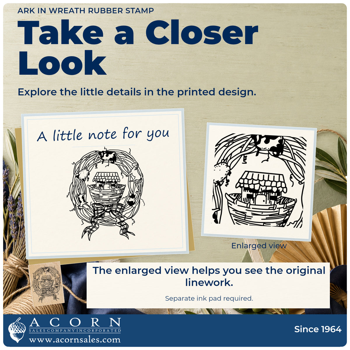 Ark in Wreath Rubber Stamp detail infographic with an enlarged view of the printed design.